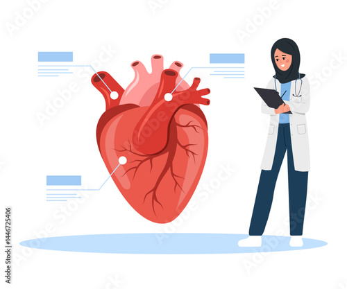 Cardiologist concept. Cardiac surgeon. Female doctor examination Heart disease. Vector illustration in flat cartoon style.