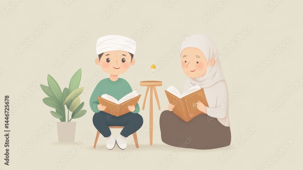 Reading together a young boy and his grandmother cozy home illustration warm colors family bonding Reading together a young boy and his grandmother cozy home illustration warm colors family bonding