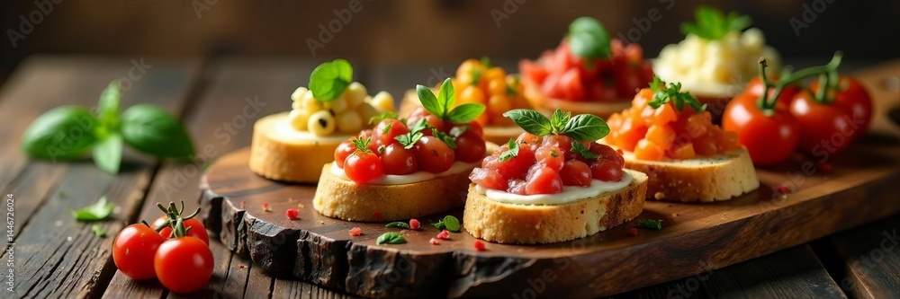 Assorted bruschetta toppings on a rustic wooden platter, tomatoes, culinary art, lunch Assorted bruschetta toppings on a rustic wooden platter, tomatoes, culinary art, lunch