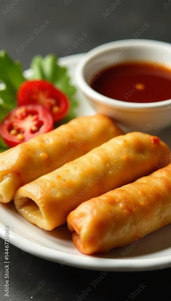 Assorted chinese spring rolls with sweet and sour dipping sauce, dipping sauce, spring rolls, sour Assorted chinese spring rolls with sweet and sour dipping sauce, dipping sauce, spring rolls, sour