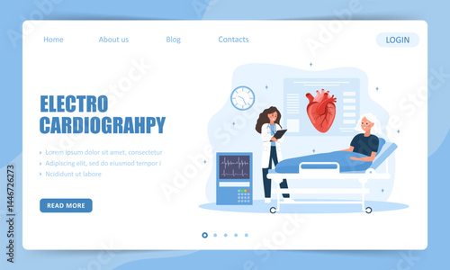 Electrocardiography. Landing page template. Cardiology and circulatory system treatment. Female doctor. Vector illustration in flat cartoon style.
