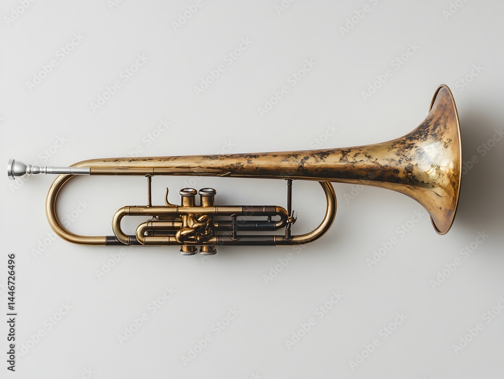 Obraz premium A vintage brass trumpet rests on a plain white background showcasing its aged patina and intricate details.