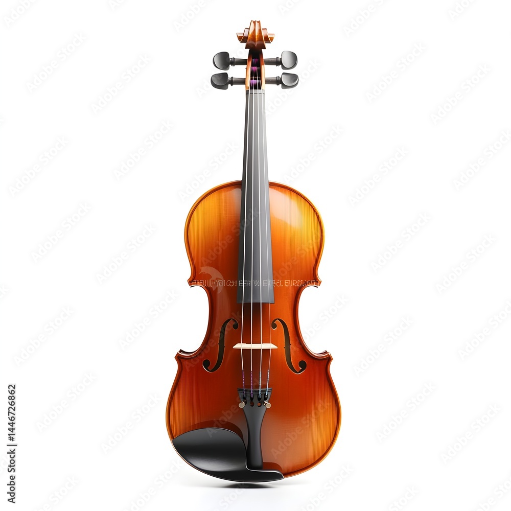Obraz premium A polished classic violin with rich amber varnish stands isolated against a bright white background perfect for musical projects.