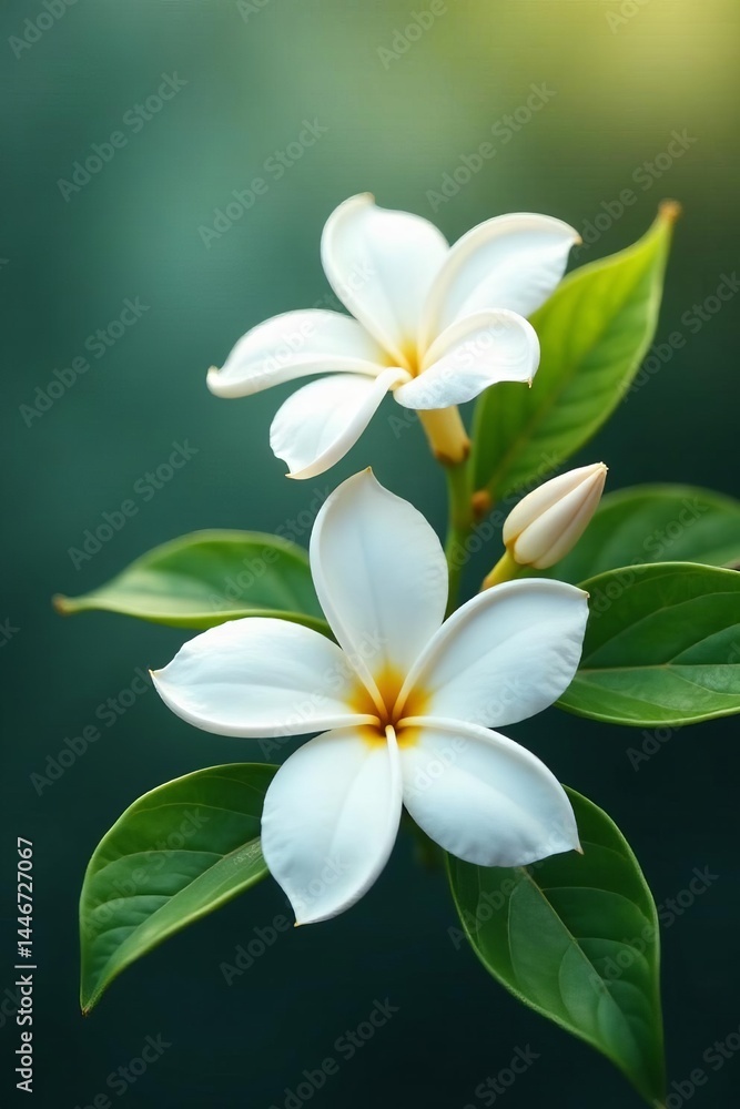 Fototapeta premium Beautiful jasmine flowers with delicate petals and green leaves, petals, flowers, beauty