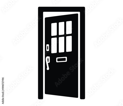 Classic Front Door Silhouette Black Vector Illustration of Traditional Entry Door with Knocker for Architectural Design.