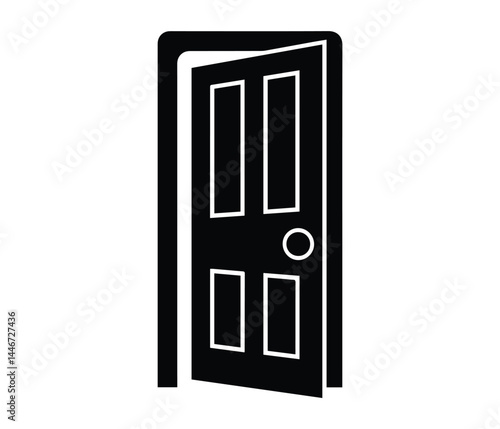 Classic Front Door Silhouette Black Vector Illustration of Traditional Entry Door with Knocker for Architectural Design.