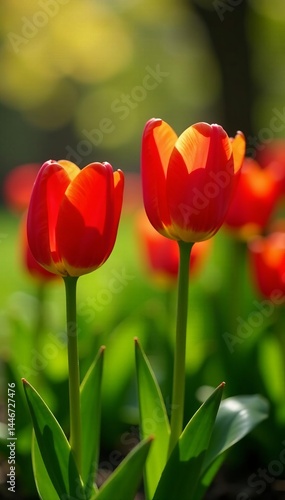 Beautiful red and yellow tulip flowers in spring garden, springtime, flower bed, tulips