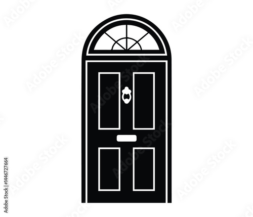 Classic Front Door Silhouette Black Vector Illustration of Traditional Entry Door with Knocker for Architectural Design.