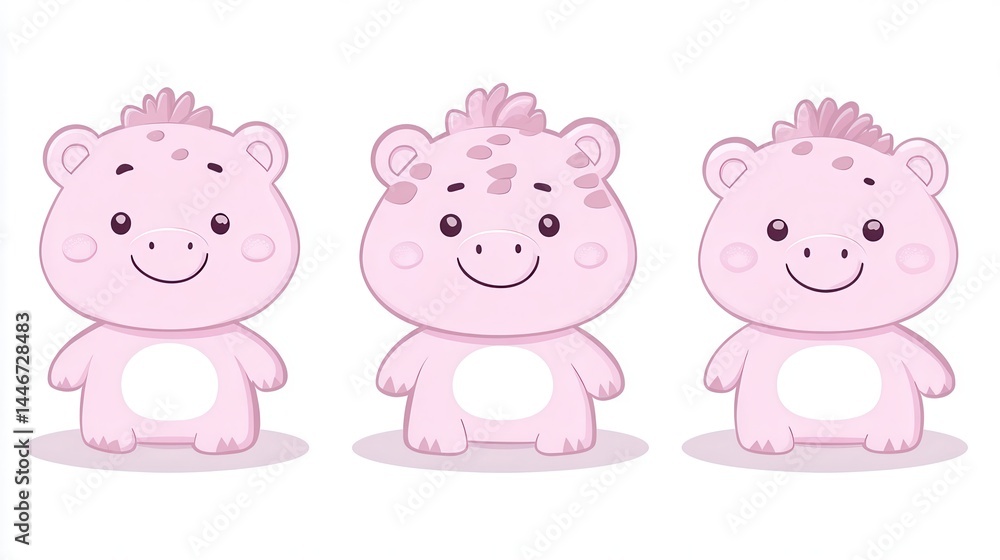 Naklejka premium Three adorable pink pixelated cartoon bears standing side-by-side evoking nostalgia and warmth perfect for children's illustrations and playful designs