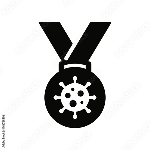 Black medal icon with virus symbol in the center, conceptual representation of medical achievements, viral research, biological resistance or satire about the pandemic and global health.
