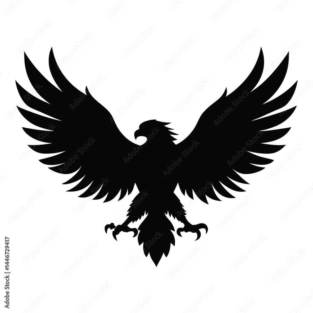 Obraz premium Silhouette vector of an eagle in flight with spread wings on a white background