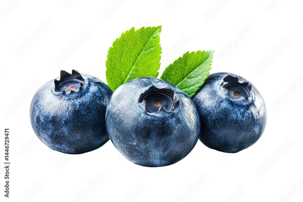 Obraz premium Three fresh blueberries are featured, with green leaves, isolated against a dark background. The berries are depicted in sharp focus, highlighting their rich blue color and natural texture.