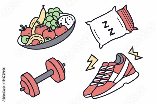 Healthy lifestyle flat icons – diet, sleep, fitness