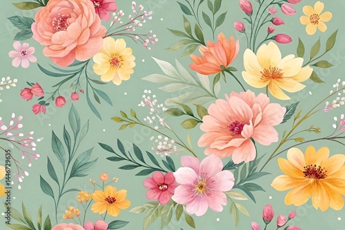 Whimsical Watercolor Floral Pattern in Soft Spring Tones for Fabric and Wallpaper Design
