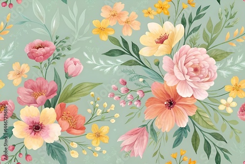 Whimsical Watercolor Floral Pattern in Soft Spring Tones for Fabric and Wallpaper Design