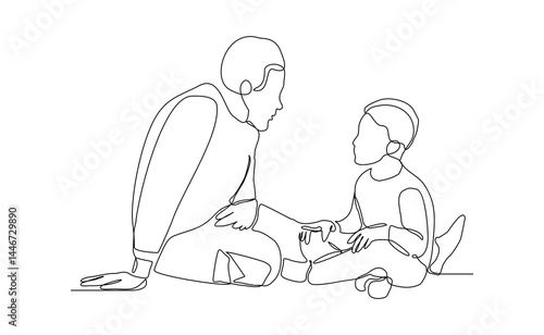 Continuous single line of young father giving some wise advice talk to his child. Happy family parenting concept. Trendy sketch drawing editable stroke vector illustration	