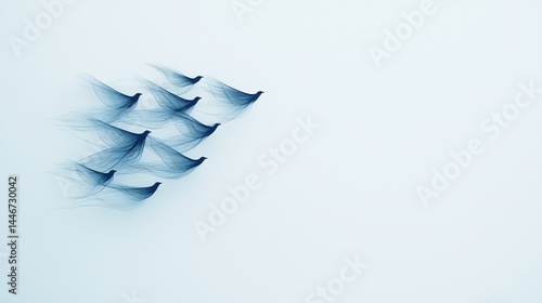 Abstract illustration of a flock of blue birds flying in formation against a minimal, light background.