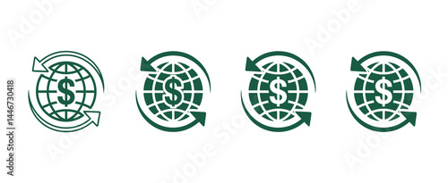 Global Currency Exchange Icons Set Green Arrows and Globe