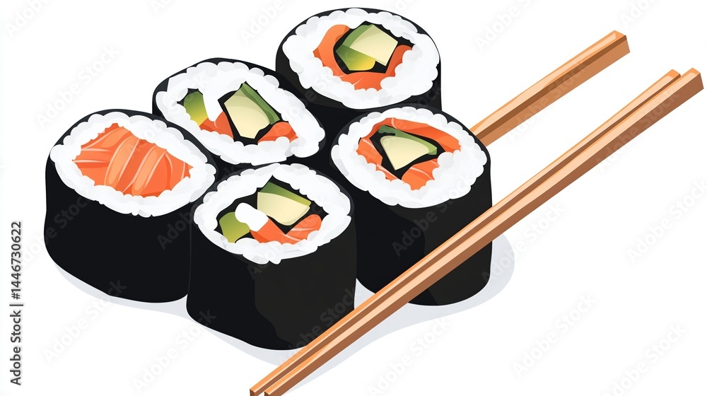 Delicious salmon avocado sushi rolls with chopsticks. Delicious salmon avocado sushi rolls with chopsticks.