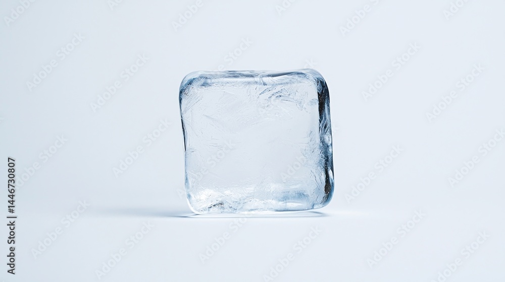 A single, clear ice cube sits on a clean white surface with a minimalist background. A single, clear ice cube sits on a clean white surface with a minimalist background.