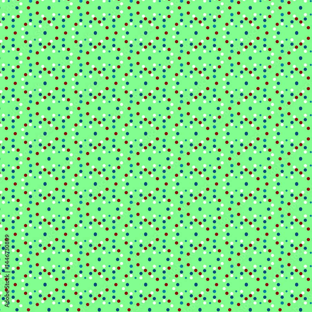 Cute simple geometric pattern Small blue, red and white polka dots, circles, confetti on a green background Cute simple geometric pattern Small blue, red and white polka dots, circles, confetti on a green background