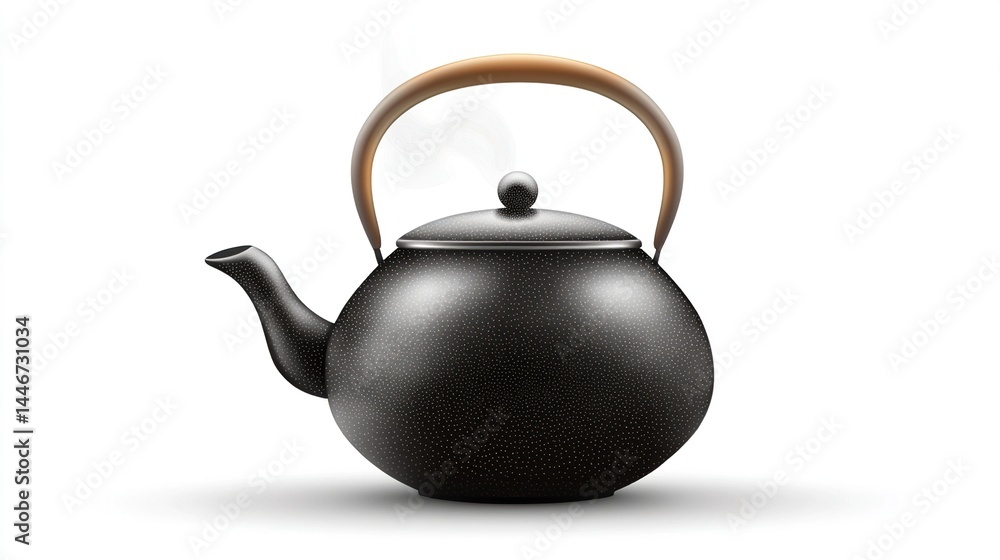 Steaming black cast iron teapot with wooden handle. Steaming black cast iron teapot with wooden handle.