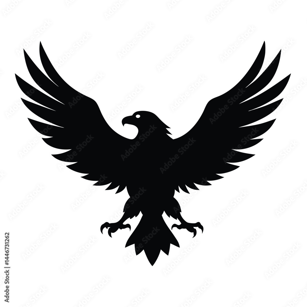 Obraz premium Silhouette vector of an eagle in flight with spread wings on a white background
