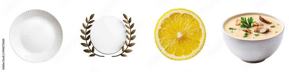 Empty plates and a bowl with a lemon and garnish. isolated against a transparent background. Empty plates and a bowl with a lemon and garnish. isolated against a transparent background.