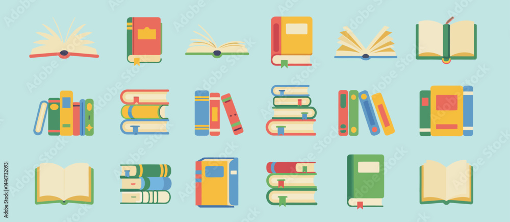 Colorful Flat Lay Illustration of Open and Stacked Books Colorful Flat Lay Illustration of Open and Stacked Books