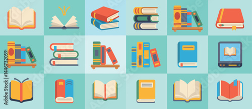 Colorful Flat Lay Illustration of Open and Stacked Books