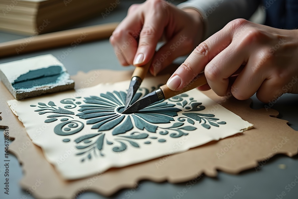 Obraz premium Linocut artist at work: Close-up view of an artist's hands meticulously carving a intricate floral linocut design. The tools and partially printed block add to the scene's artistic authenticity.
