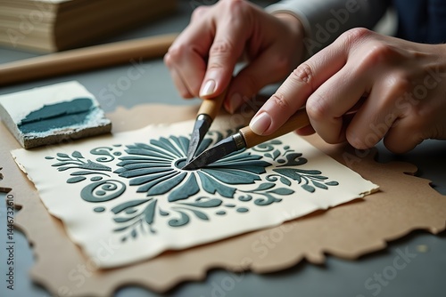 Linocut artist at work: Close-up view of an artist's hands meticulously carving a intricate floral linocut design. The tools and partially printed block add to the scene's artistic authenticity.