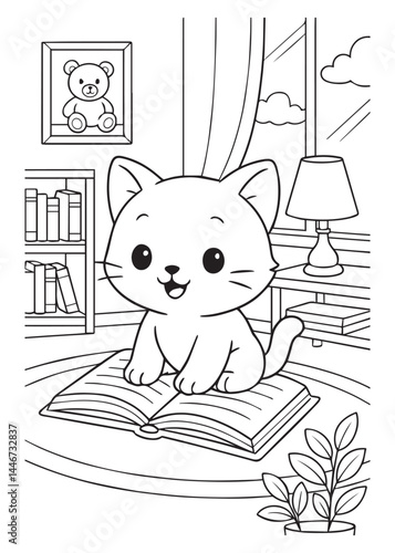 coloring book cute kitten sits on a book near a window