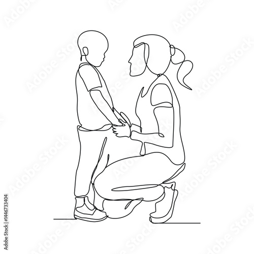 Continuous single line of young mother giving some wise advice talk to his child. Happy family parenting concept. Trendy sketch drawing editable stroke vector illustration	