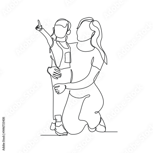 Continuous single line of young mother giving some wise advice talk to his child. Happy family parenting concept. Trendy sketch drawing editable stroke vector illustration	