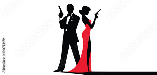 Elegant Couple in Silhouettes Holding Guns Dressed in Formal Wear