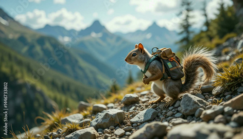 Squirrel with a miniature backpack hiking on a rocky trail with mountain peaks in the distance.