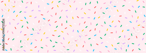 Colorful donut sprinkles seamless pattern. Pink candy cream background. Cake glaze icing overlay for decorative banner, poster, template. Cupcake or ice cream topping texture. Vector wallpaper