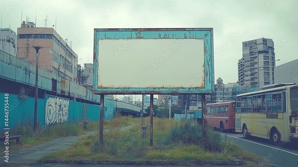 Obraz premium Blank billboard in urban city, overgrown area, buses, cloudy day, advertisement
