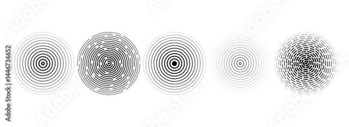 Black linear concentric circle set. Dotted and dashed round sound wave collection. Epicenter, target, radar, sonar icon concept. Halftone radial radio signal or vibration element pack. Vector