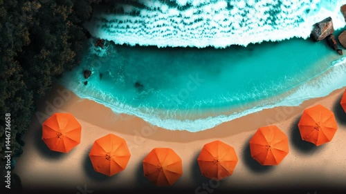 Stunning aerial view of beach umbrellas lining a pristine shoreline next to vibrant turquoise waters.