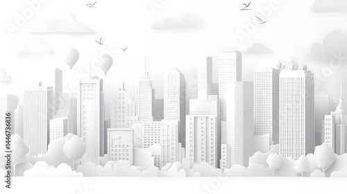 Monochrome cityscape with white and gray skyscraper buildings, trees, birds flying, and hot air balloons in cloudy sky, creating calm and peaceful urban scene