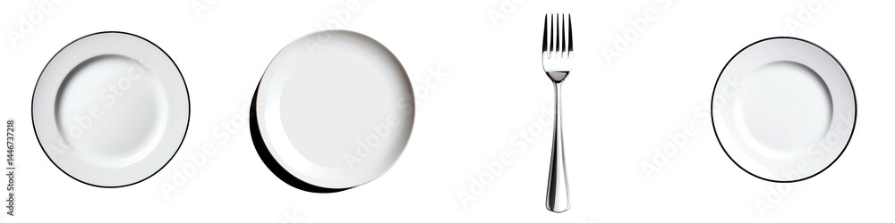 Empty plates and a fork arranged on a isolated against a transparent background. Empty plates and a fork arranged on a isolated against a transparent background.