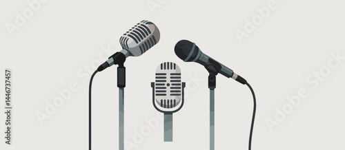 Three Microphones on Stands for Podcast or Recording Studio