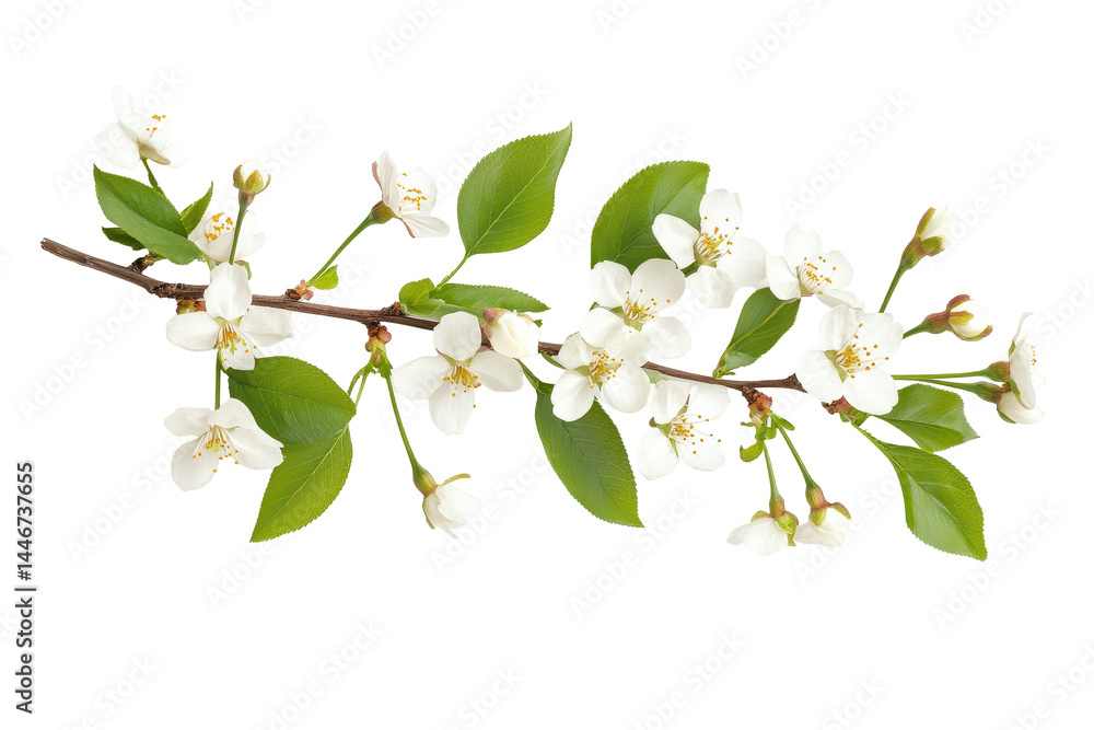 Obraz premium Springtime blossom branch with decorative graphic elements, highlighted in various colors, including white, green and vibrant hues.