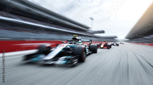 Race car speeding on track with motion blur effect, showing dynamic racing action and intense competition under cloudy sky