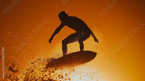 Silhouette of surfer jumping on wave at sunset backlit by orange glow with water spray and dynamic action in ocean sport