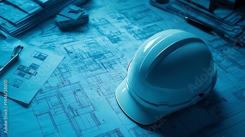 Architectural blueprint of a building with a hard hat on it