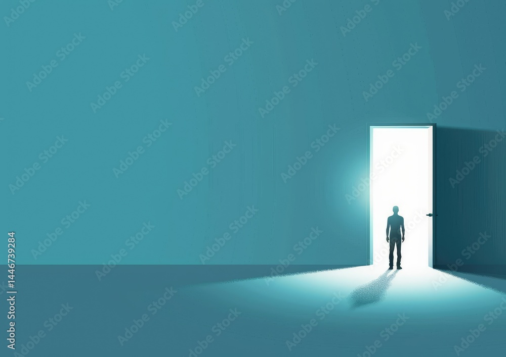 A businessman stands at an open door, embodying the surreal blend of opportunity and freedom in a vibrant world. A businessman stands at an open door, embodying the surreal blend of opportunity and freedom in a vibrant world.