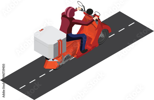 Rider delivers goods according to online orders. Freight forwarding business. High angle view of rider.